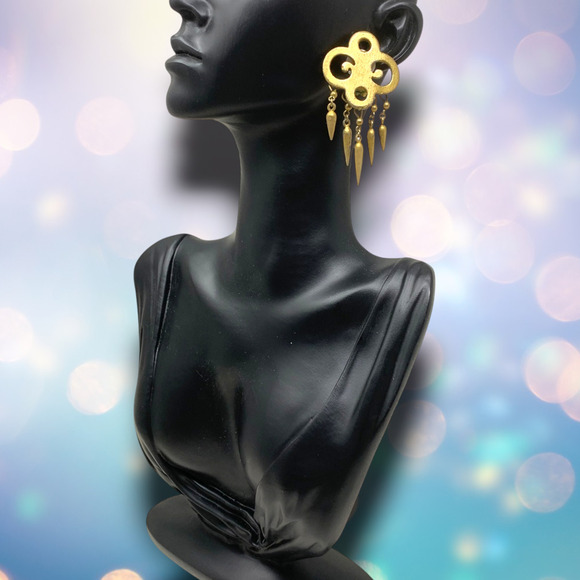 Vintage 1980's Gold Tone Trefoil Dangle Clip On Earrings Couture Mogul Runway - Picture 3 of 4